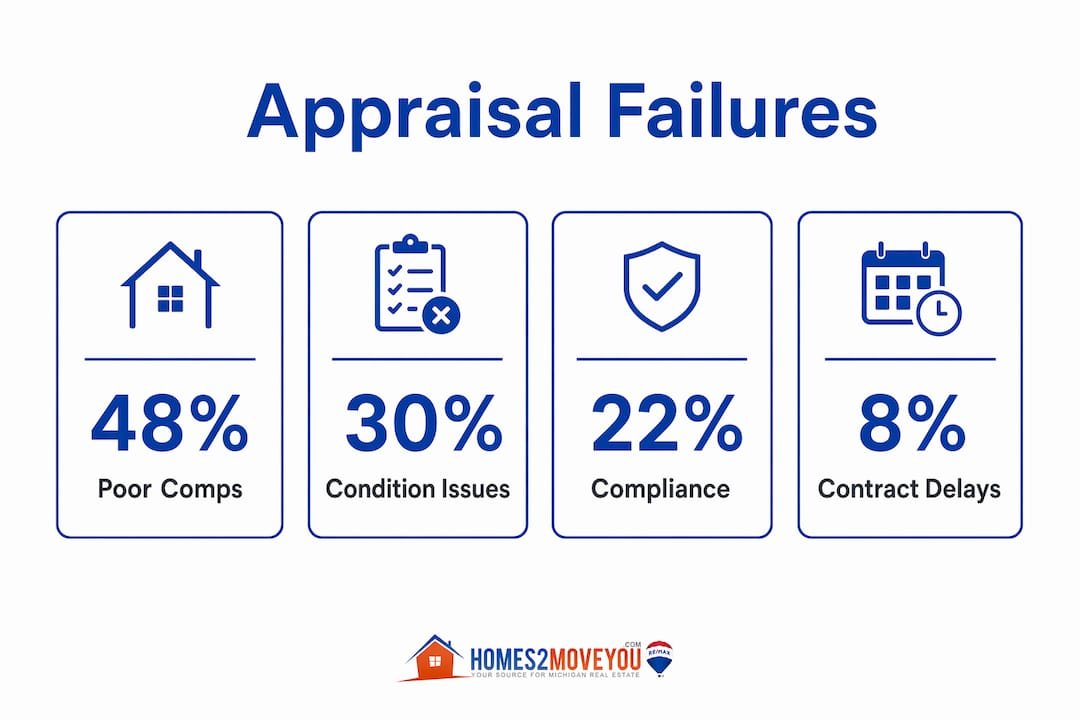 Appraisal failures infographic showing 48% poor comps, 30% condition issues, 22% compliance, 8% contract delays — Oakland County Michigan — Tom Gilliam RE/MAX Classic — Homes2MoveYou.com