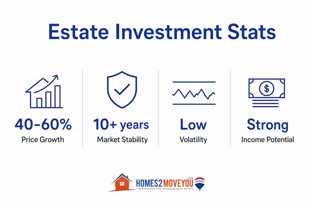 Estate property investment statistics infographic — 40-60% price growth, 10+ years market stability, low volatility, strong income potential — Oakland County Michigan — Tom Gilliam RE/MAX Classic — Homes2MoveYou.com