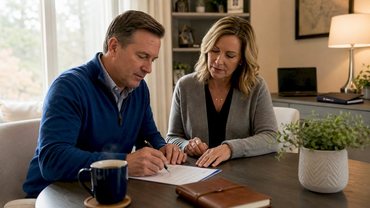 Couple signing estate sale service agreement in Oakland County Michigan 2026 — Tom Gilliam RE/MAX Classic SRES 248-790-5594 Homes2MoveYou.com