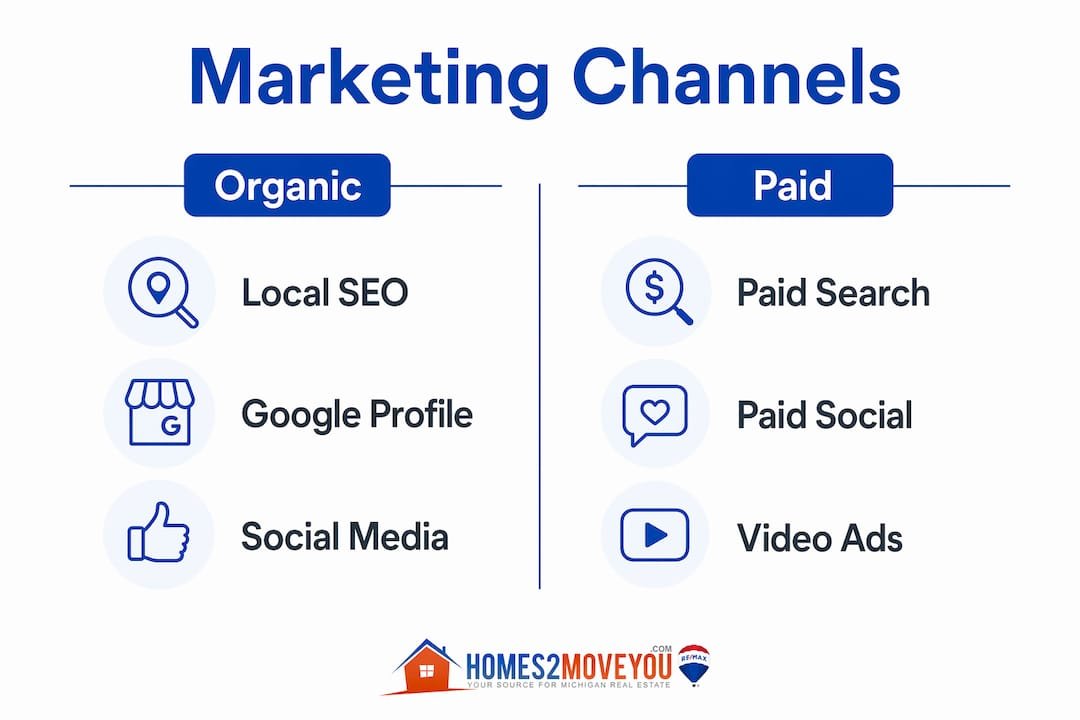 Infographic comparing organic and paid real estate marketing channels — Local SEO, Google Profile, Social Media vs Paid Search, Paid Social, Video Ads — Homes2MoveYou Tom Gilliam RE/MAX Classic 2026