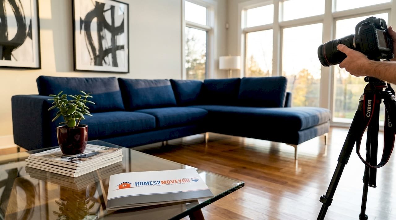 Photographer capturing well-staged living room with navy sectional sofa, hardwood floors, and large windows during professional real estate photoshoot — how to showcase your home for sale Oakland County Michigan 2026 — Homes2MoveYou.com brochure visible on coffee table — Tom Gilliam RE/MAX Classic Farmington Hills Michigan — 248-790-5594