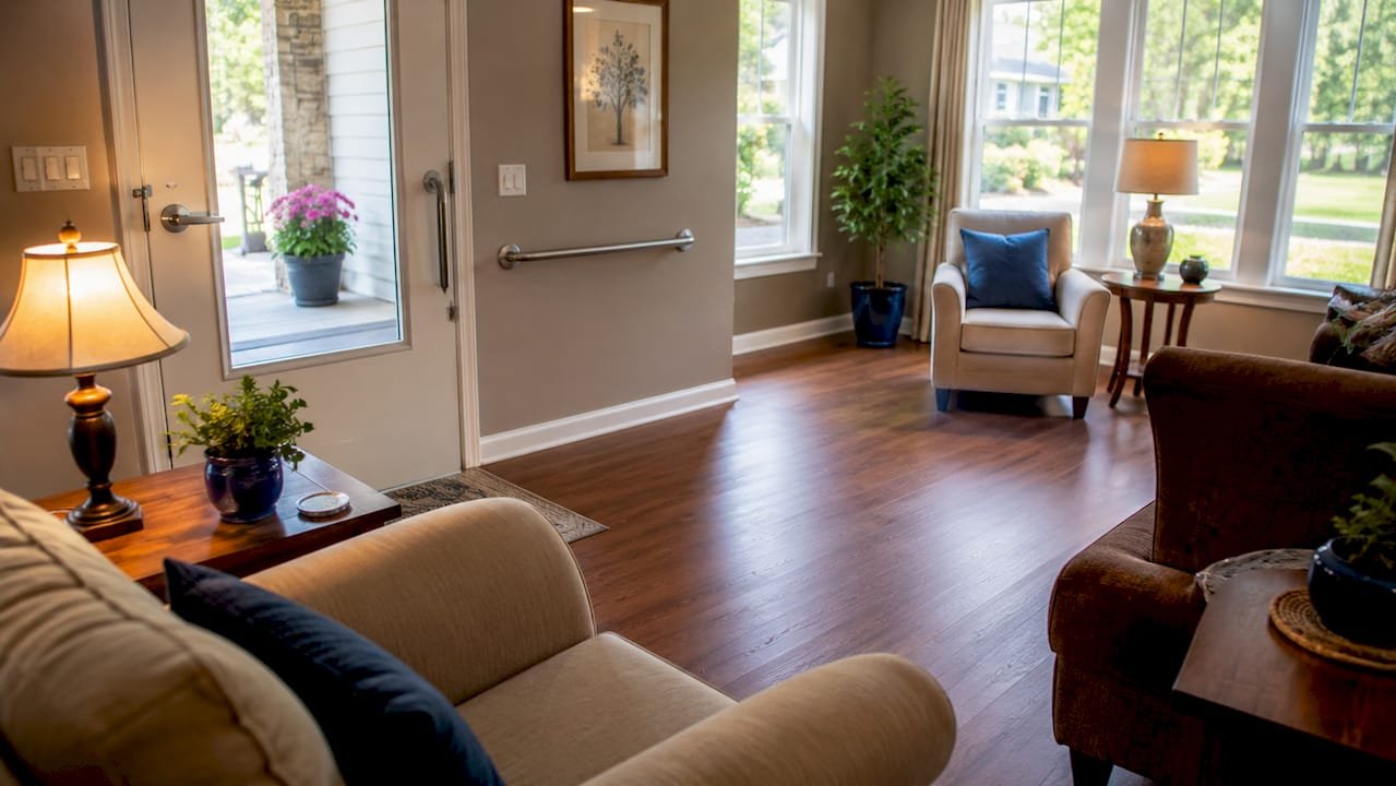 Warm, well-lit living room interior with a discreet grab bar near the entry door and comfortable seating