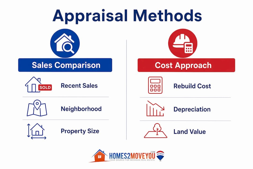 Real estate appraisal methods infographic comparing sales comparison approach and cost approach for Oakland County Michigan home valuations — Homes2MoveYou Tom Gilliam RE/MAX Classic
