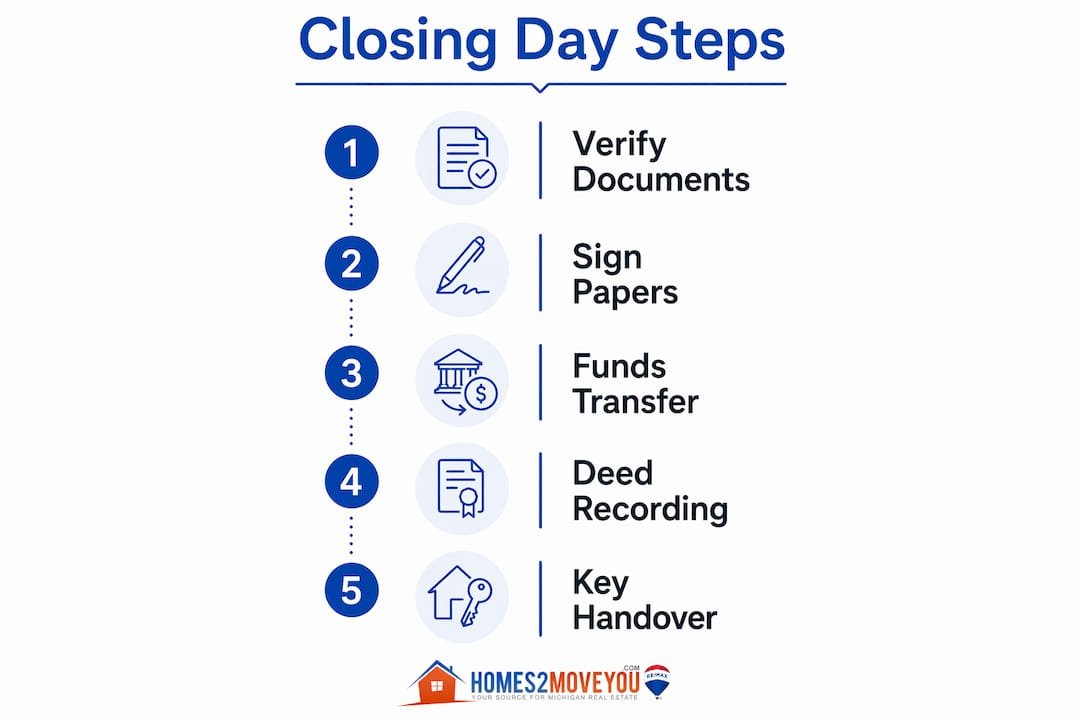 Five-step infographic showing closing day process: verify documents, sign papers, funds transfer, deed recording, key handover