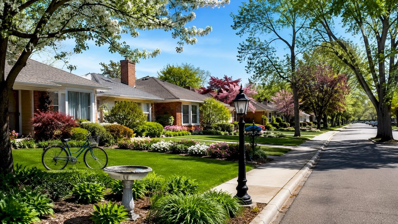 Tree-lined residential street with landscaped homes in a top-rated Oakland County Michigan school district